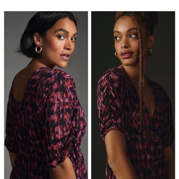 By Anthropologie V-Neck Printed Maxi Dress purple button front ruched size large - Picture 4 of 12